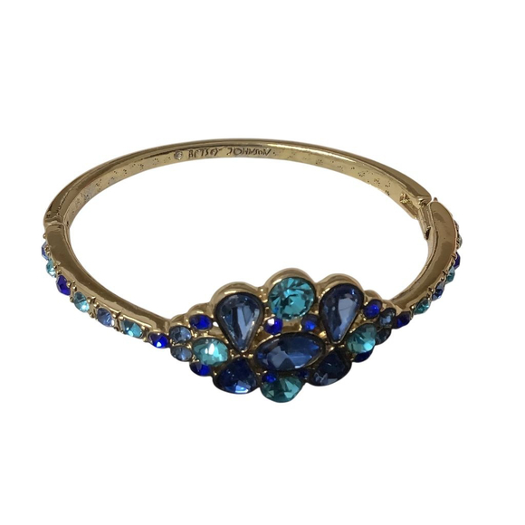 Betsey Johnson Bracelet Goldtone Blue Crystal Gemstone Hinged Oval Bangle - Picture 1 of 7